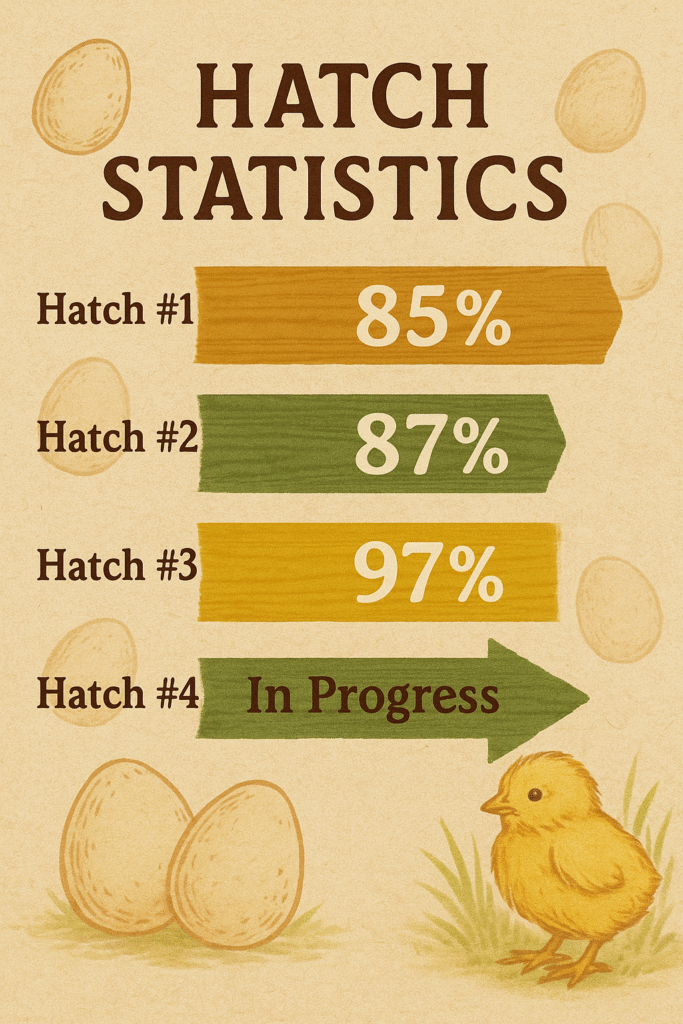 Image with Eggs and chicks showing hatch rates for incubated chicken eggs. Hatch 1 - 85%, Hatch 2- 87%, Hatch 3- 97%